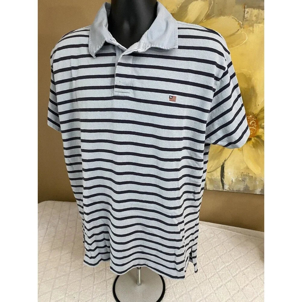 Vintage Ralph Lauren Blue Striped Men’s Polo Tee  Size XL